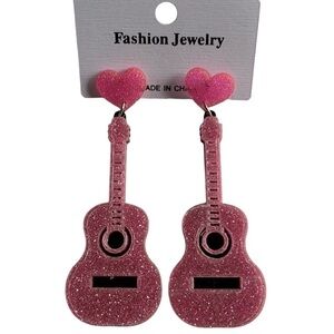 PINK Acrylic Guitar Pierced Bling Earrings